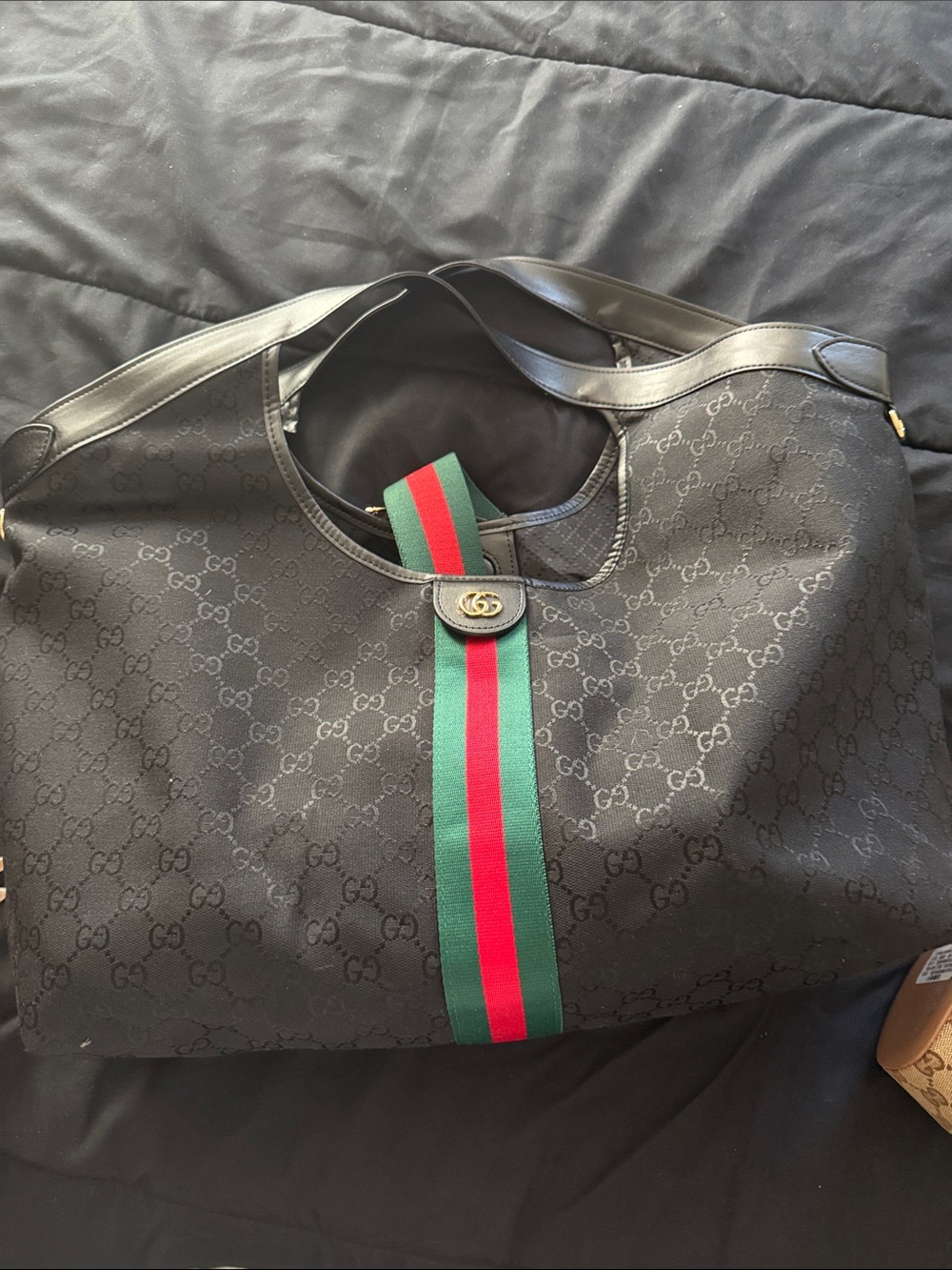 Gucci Black GG Canvas Duffel Bag with Green-Red Web Stripe